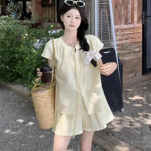 胖mm大码夏季宽松短袖衬衫套装