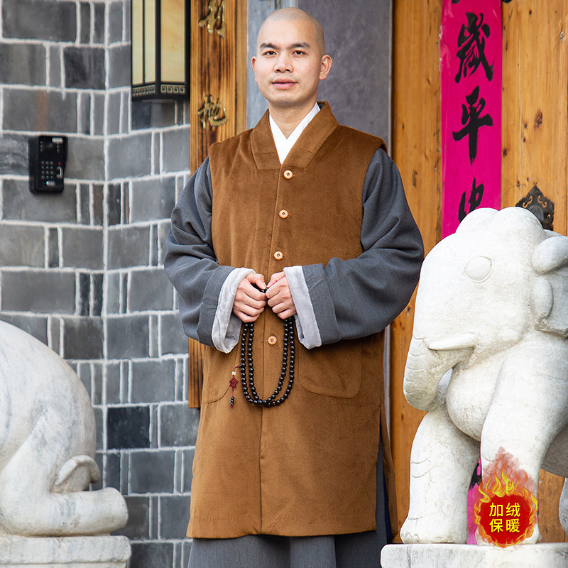 善圆僧服伽蓝褂加绒保暖毛呢子马甲男秋冬季休闲和尚服装僧衣马夹