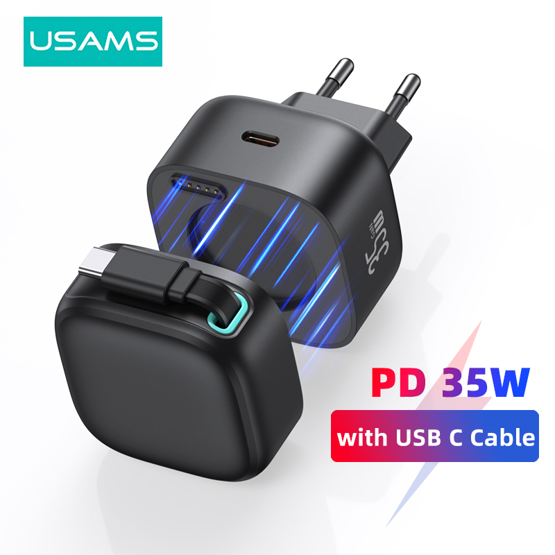 USAMS Magnetic USB GaN Charger 35W Type C PD EU US UK Plug氮化镓快充Type-C磁吸收纳线手机充电器