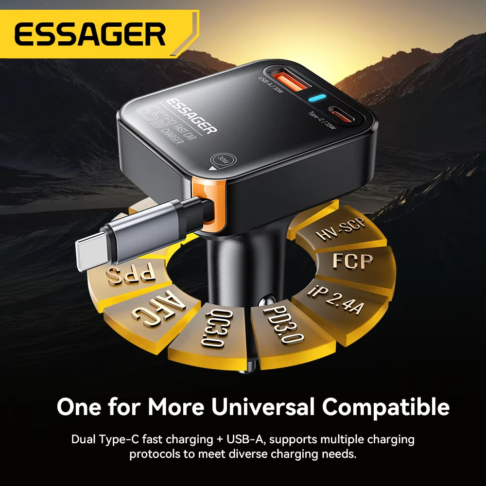 Essager 65W USB C Car Charger Cable 30W Charging车载充电器
