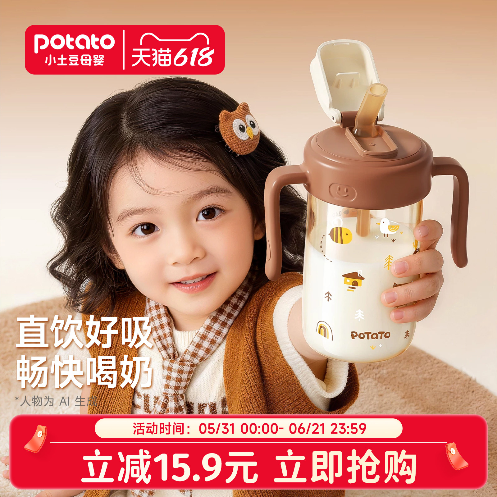 小土豆直饮杯儿童PP带刻度吸管奶瓶牛奶杯一岁以上宝宝学饮喝水杯