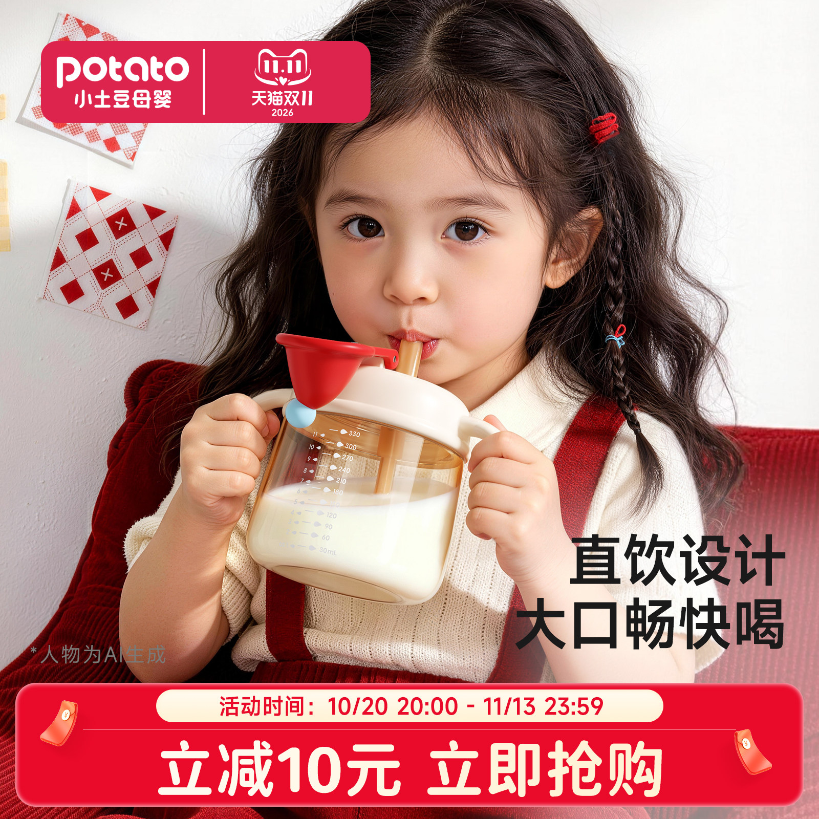 德优贝宝宝水杯牛奶杯1-2-3岁以上奶瓶PPSU直饮喝水杯儿童吸管杯
