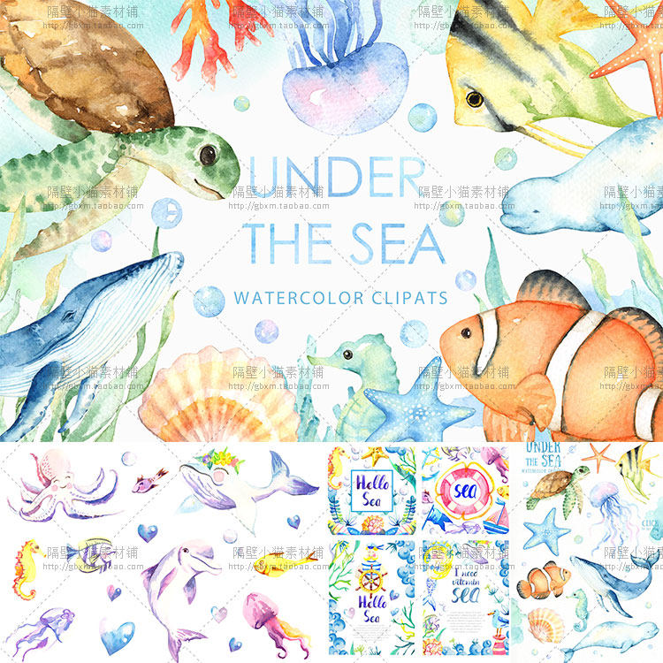 手绘水彩海洋风还贵鱼贝壳水母卡片包装背景 psd png免抠设计素材