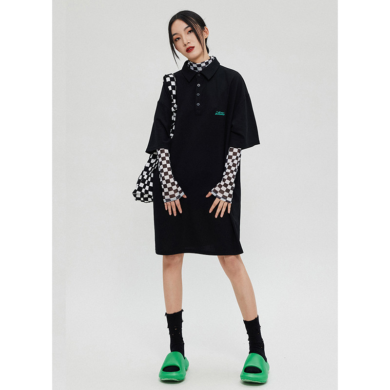 ZUOBEIKA潮牌黑色连衣裙女夏休闲中长款裙子宽松短袖T恤裙Polo裙