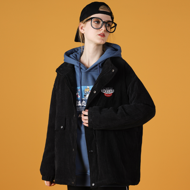 黑色灯芯绒宽松外套秋冬ins棉服