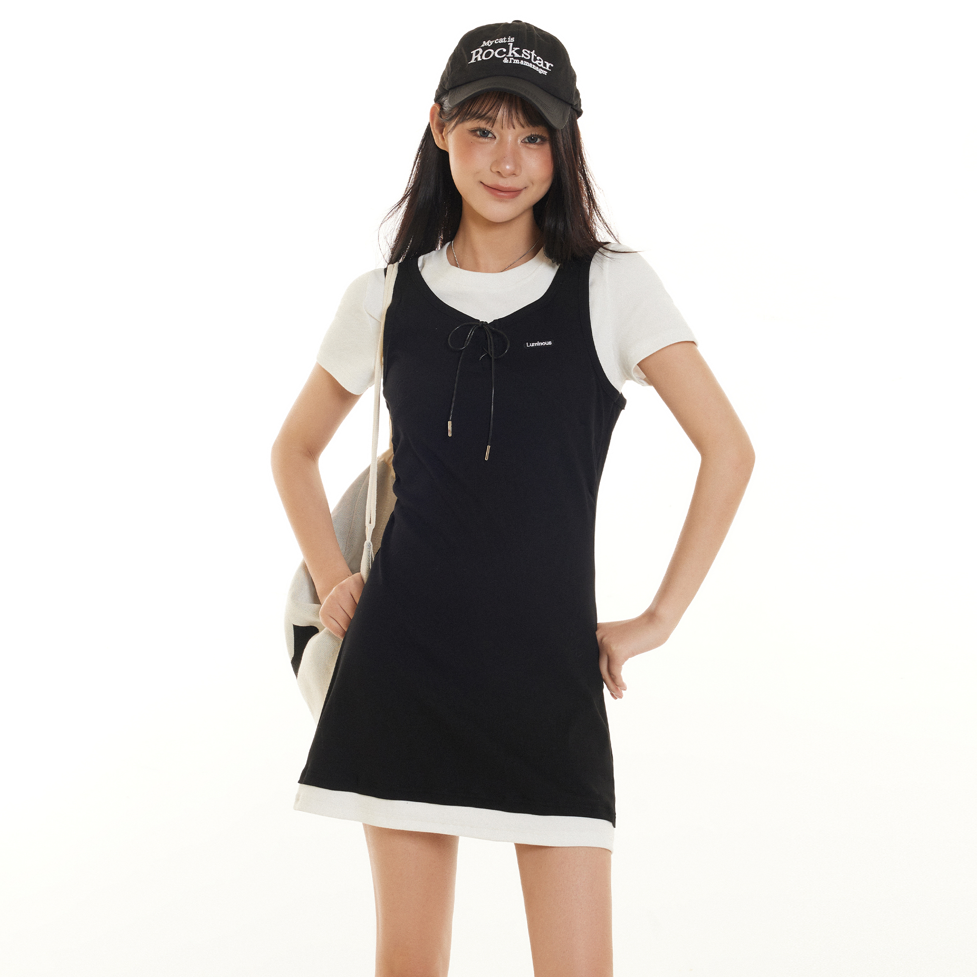 Beikastudios黑色假两件连衣裙女夏25新款韩版中长款a字裙子T恤裙