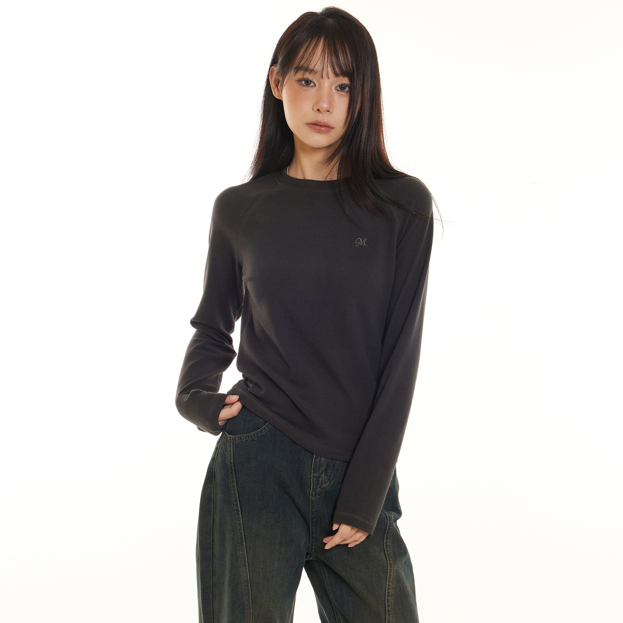 Beikastudios灰色T恤女长袖新款2025休闲韩版修身插肩袖打底衫春