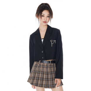 休闲小众高腰设计感成都小西服 外套女春秋新款 佐贝卡黑色短款 西装