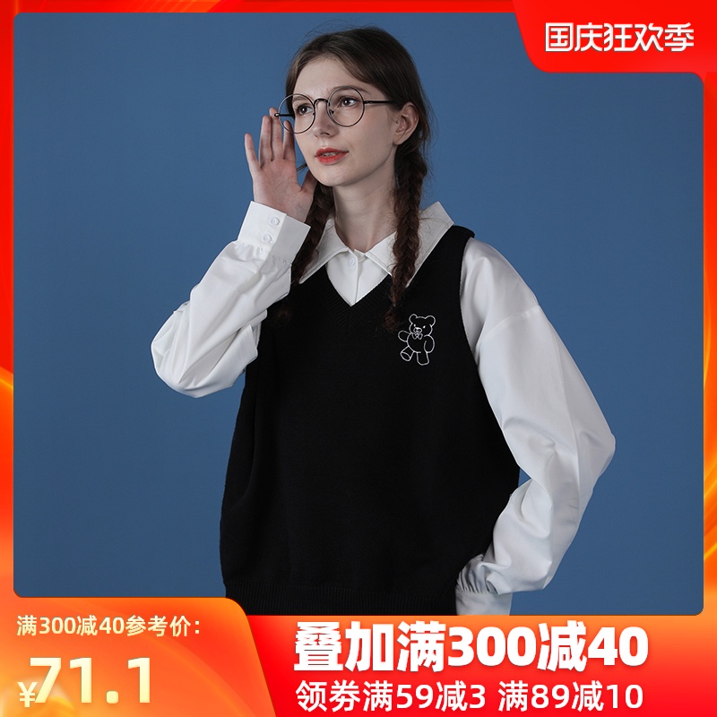 新款黑色毛衣女森系秋JK学院风V领宽松外穿小个子针织衫马甲背心