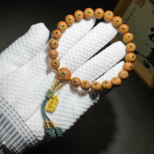 猴头菩提雕刻凤眼手串小绿9mm佛珠手链纹理嵌绿钻配五星绿宝佛头