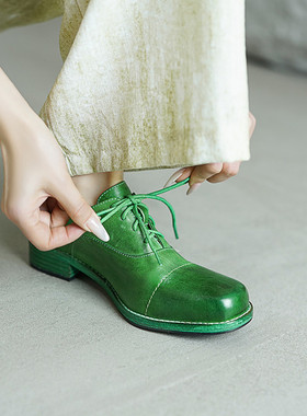 水洗马皮guidi鞋鬼帝复古方头英伦小皮鞋手工女鞋真皮绿色马皮鞋