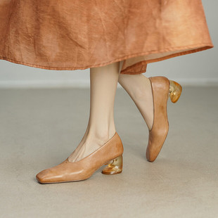 方头异型跟水洗马皮粗跟奶奶鞋小皮鞋真皮大底法式复古不撞款超软