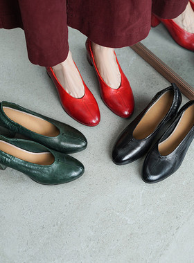 水洗马皮气质秋冬单鞋一脚蹬高跟鞋舒适奶奶鞋通勤绿色红色高跟鞋