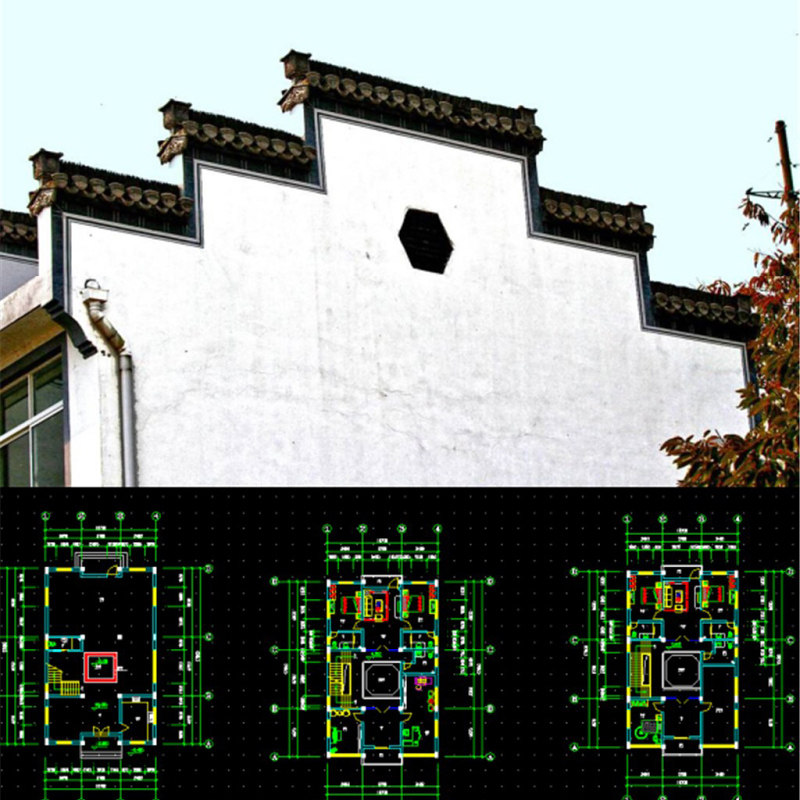 徽派民居老房改造新中式民宿客栈茶楼建筑马头墙cad施工图平立剖