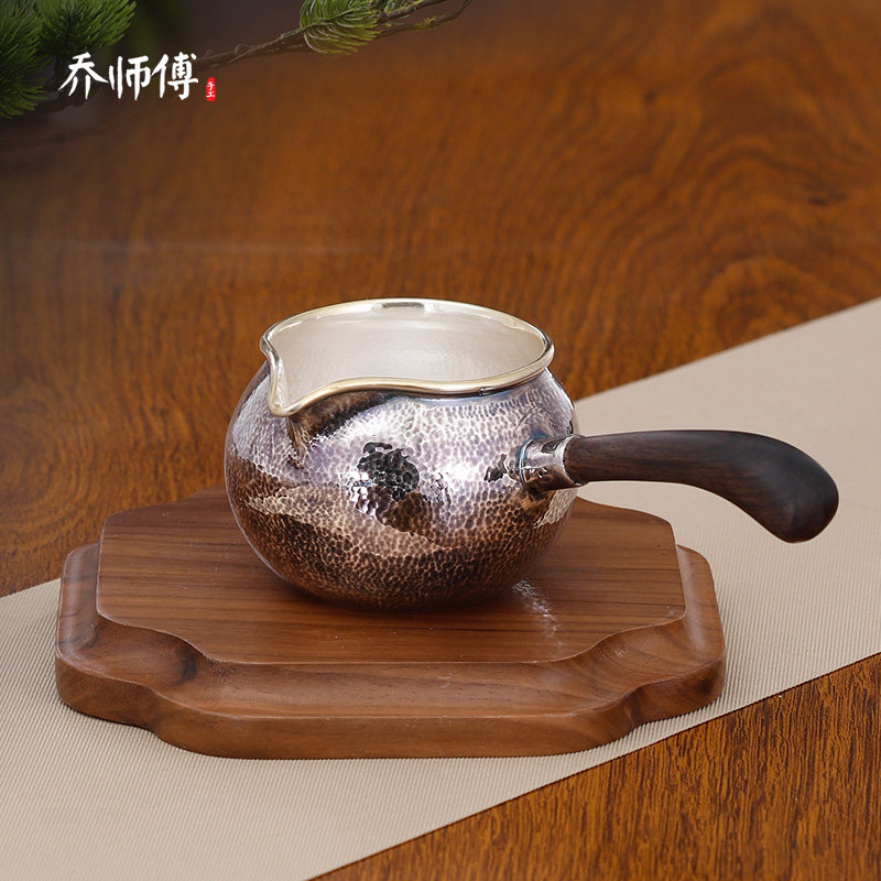 纯银公道杯999足银分茶器纯手工侧把煮泡茶具银壶倒水公平杯