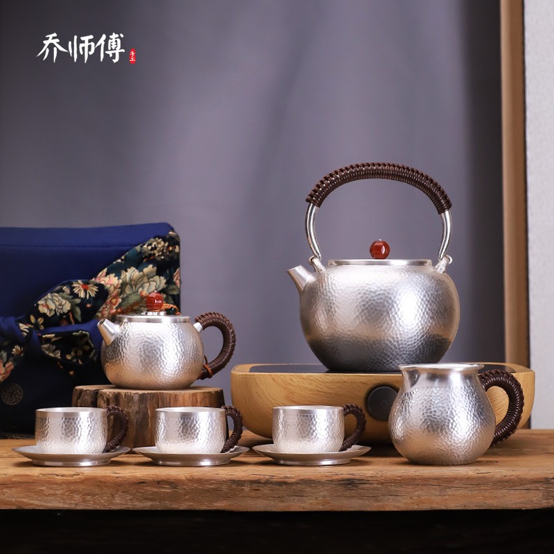 乔师傅手工银壶套装纯银999烧水壶银泡茶壶茶杯家用茶具煮茶银壶