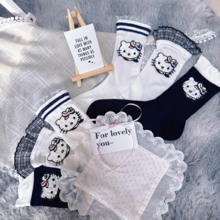 潮款 满3双 饰袜女韩版 可爱凯蒂kt猫贴布拼色花边装 百搭中筒袜 包邮