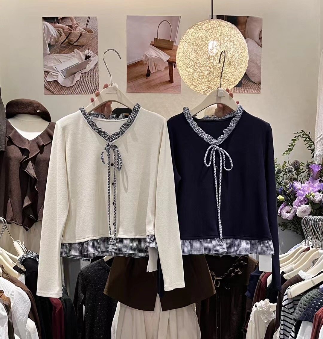 2025秋季新款韩版甜美系绳格子拼接针织衫百搭气质减龄设计感上衣