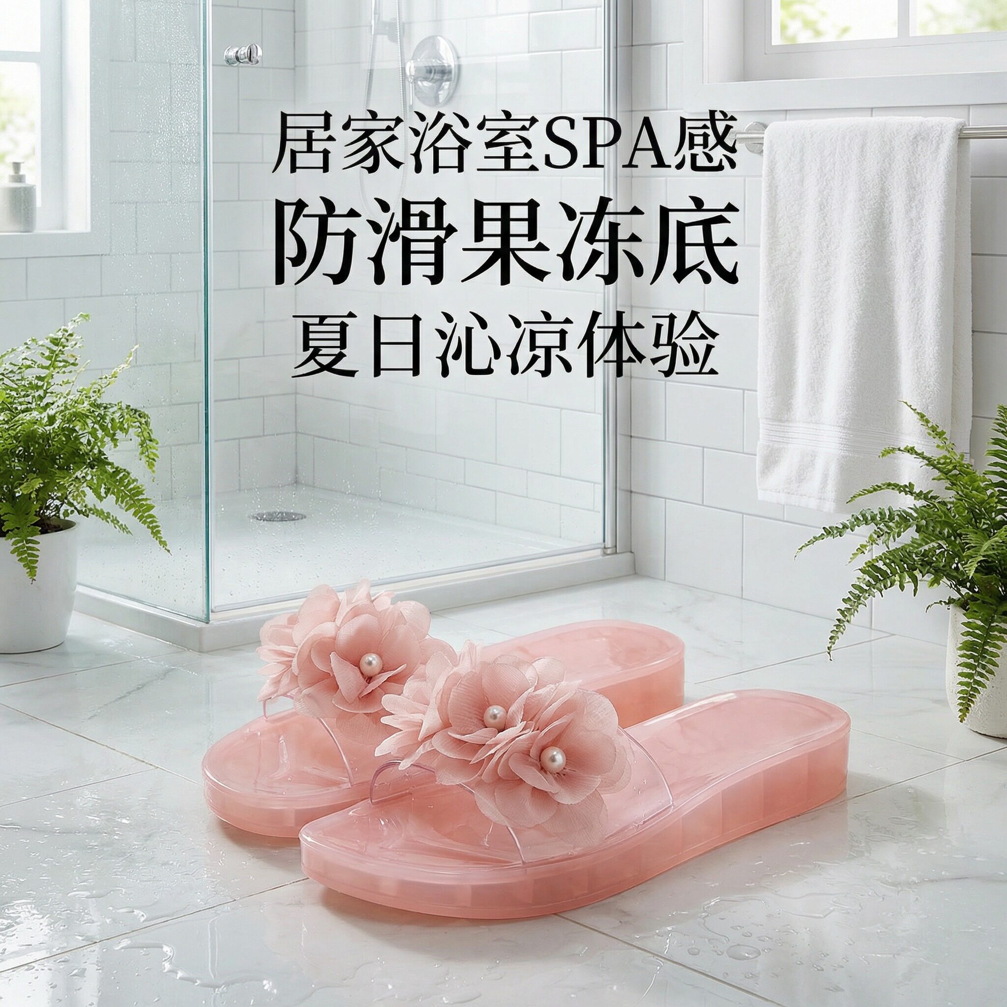 新款夏季韩版花朵水晶果冻凉拖 时尚平底透明外穿防滑沙滩一字拖