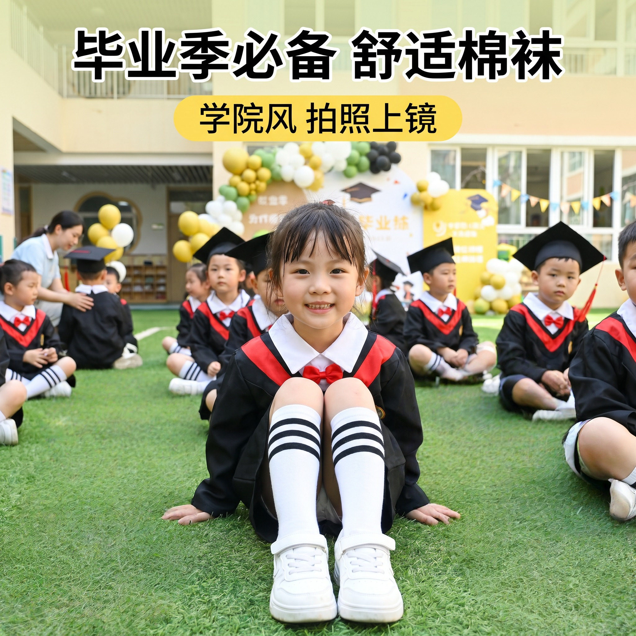 幼儿园毕业照袜子黑白条纹袜儿童中筒袜女款夏季薄款长腿过膝袜子