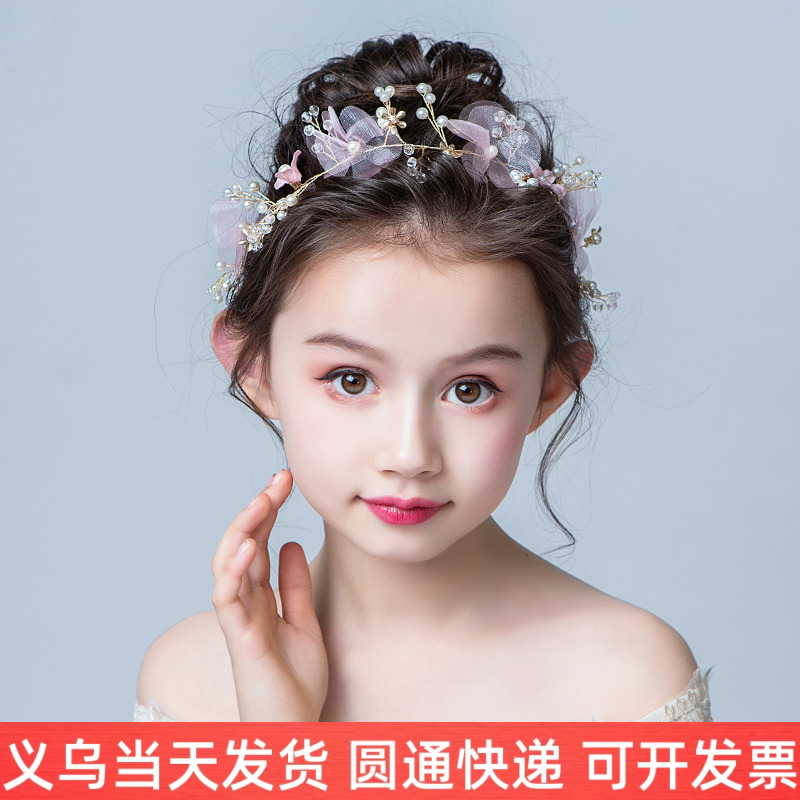 儿童演出头饰精致超仙森系发饰布艺珍珠发带小女孩礼服配饰浅粉色