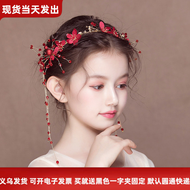 女童红色花环发饰儿童生日婚纱花童流苏配饰女孩演出礼服流苏花环