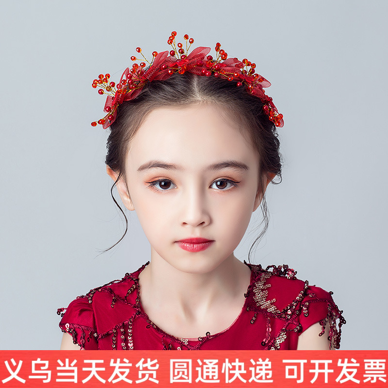 儿童头饰红色花环公主头花女童汉服发饰女孩礼服发箍演出饰品配饰