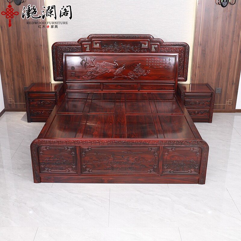 红木家具印尼黑酸枝红木床阔叶黄檀花开富贵中式家用双人床实木床