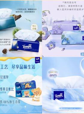 得宝雪松之境抽纸+蓝风铃+摩登黄油小熊+天鹅绒纸巾组合4包试用装