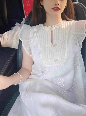 欧美重工提花刺绣连衣裙夏季新款设计感温柔风气质小飞袖长裙女