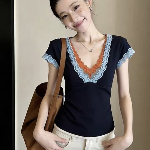 Double romance-品蕾丝拼接撞色显瘦大牌复古假两件短袖T恤26642