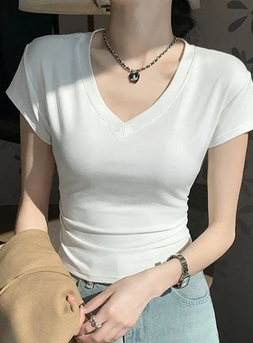 8302夏装新款修身正肩V领短袖T恤女百搭收腰显瘦高级感上衣小众款