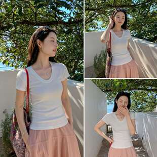 DIGM T恤60382 0色全员自留韩系简约百搭舒适纯色圆领弹力显瘦短袖