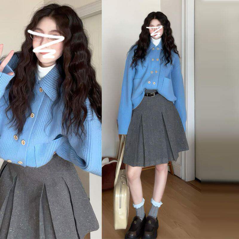 韩系翻领蓝色毛衣开衫外套女2025新款早春季慵懒风宽松针织衫上