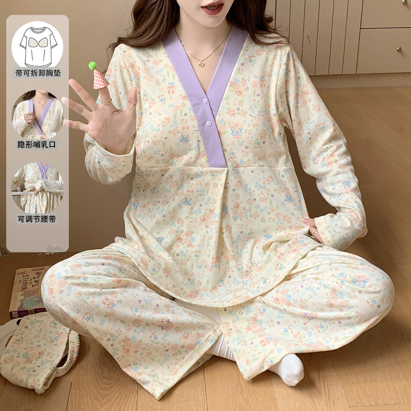 月子服秋冬款带胸垫哺乳怀孕期孕妇德绒睡衣产妇12月份加厚家居服