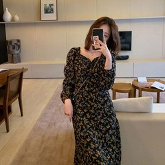 2021 spring French retro new V-Neck long sleeve floral dress with fairy temperament