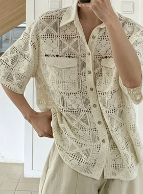 fmario【海风织语】镂空珠饰古巴领衬衫男女宽松透气轻薄短袖衬衣