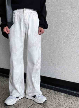 fmario 白色宽松直筒长裤男数码扎染做旧做脏水洗休闲牛仔裤男女