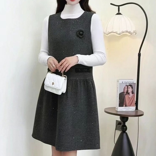 2025秋冬新款毛呢连衣裙女中长款无袖圆领小香风背心裙打底坎肩裙