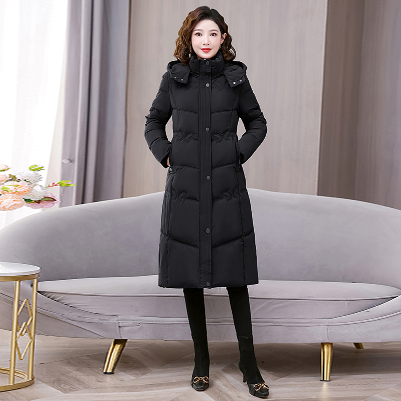 中长款过膝修身收腰气质棉衣棉服女2025冬季大码可拆卸帽棉袄外套