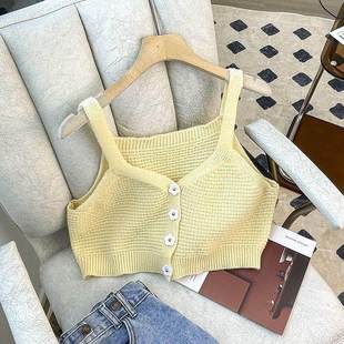 儿童针织吊带背心叠穿小坎肩设计感别致女童短款外搭无袖上衣黄色