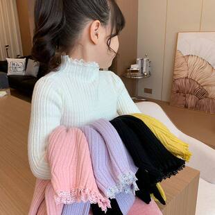 女童毛衣秋冬装儿童针织衫洋气蕾丝花边中高领上衣女孩打底衫韩版