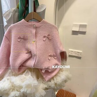 粉色开衫小外套蝴蝶结春款时尚百搭纯色洋气韩版甜美气质女童毛衣