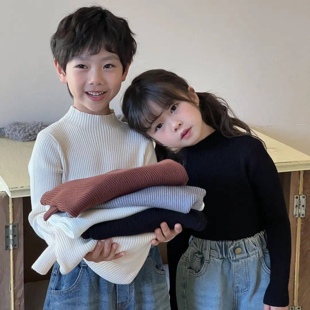 韩国男女童半高领百搭针织衫内搭弹力坑条毛衣洋气保暖打底衫长袖