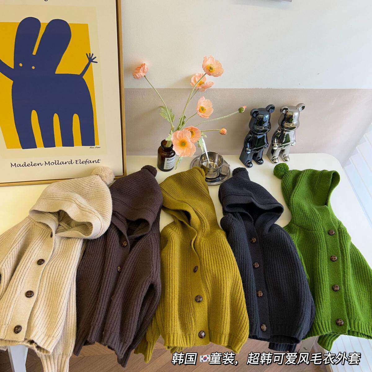 长袖儿童精灵毛球连帽针织毛衣春秋季男女童洋气中小童开衫外套