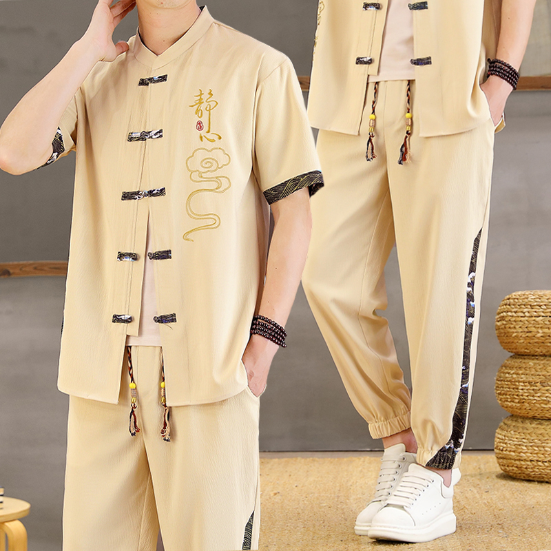 夏季男士套装中国风刺绣开衫裤子