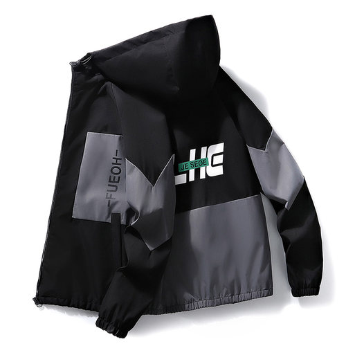 连帽春秋宽松拼色外套男潮流百搭