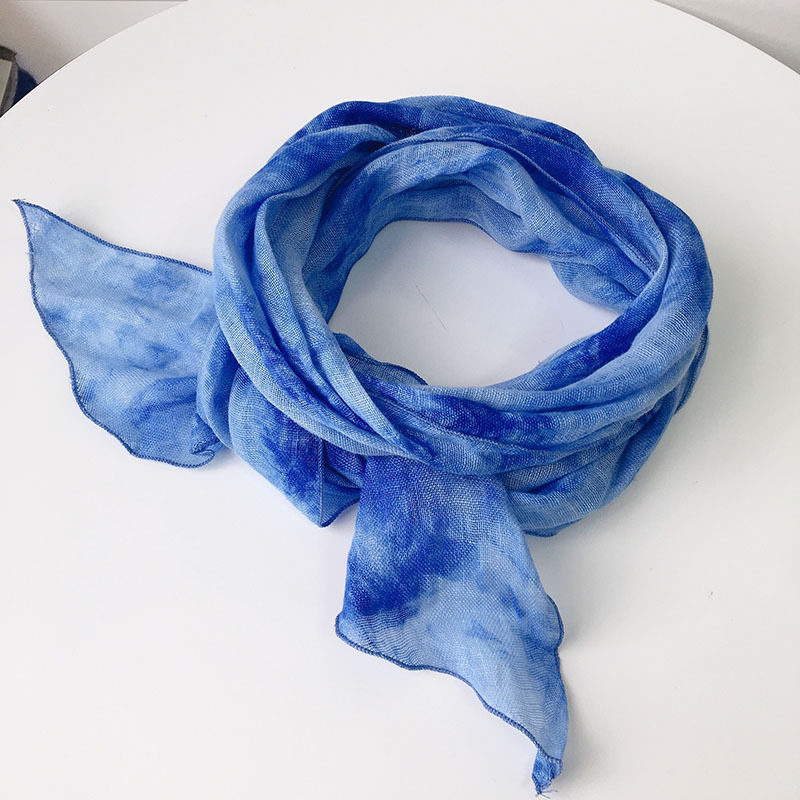 法国亚麻细长条窄围巾荷叶边扎染棉麻女薄领巾包带头巾装饰小丝巾