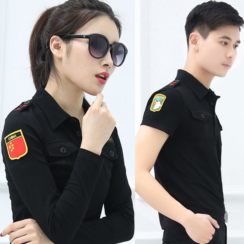 2023迷彩T恤女长袖 黑色翻领情女装时尚军绿国旗袖章大码水兵舞服