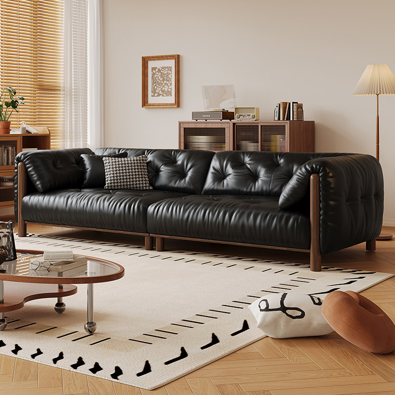 拉芙菲中古风头层真皮沙发黑色简约佛山复古风小户型直排客厅沙发